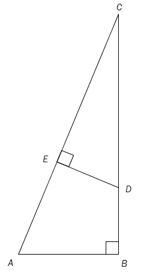 Figuren er en trekant ABC som inneholder trekanten CED. E er et punkt på AC og D er et punkt på BC. Vinkel ABC og vinkel CED er 90 grader.